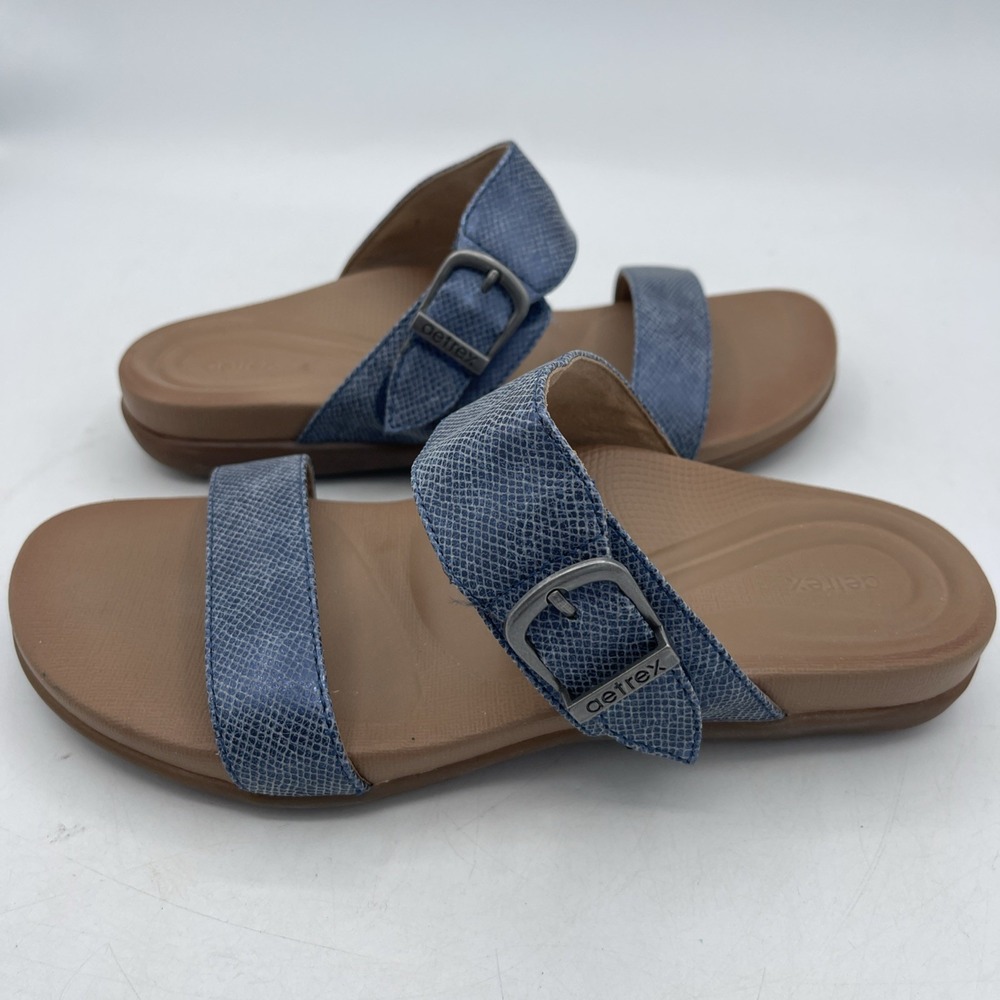 Aetrex Mimi Sandal Orthopedic Slip On Double Strap Blue Comfort Vacation Beach 6